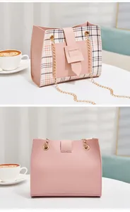 Detailed front and back views of a pink plaid structured chain crossbody bag for women
