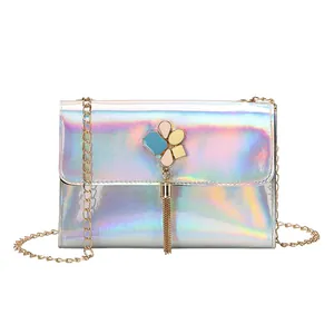 Holographic iridescent small square crossbody bag with gold tassel and chain strap