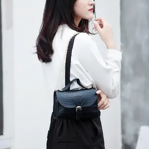 Korean style black crocodile pattern small square chain flap bag worn by a model