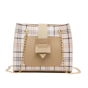 Women Fashion Plaid Contrast Color Square Bag Casual PU Leather Chain Shoulder Crossbody Bag Trendy Female Phone Purse