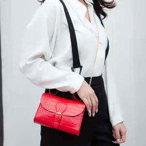 Red stone pattern crossbody bag with gold chain strap for women, elegant square shape bag