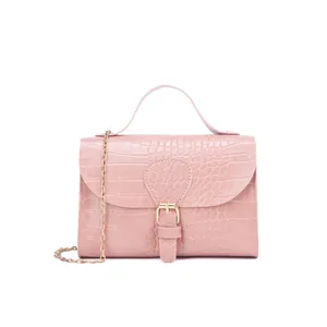 Elegant pink stone pattern handbag with gold chain strap and buckle closure for women