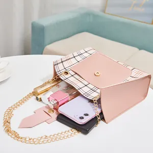 Stylish pink plaid color-block crossbody bag for women with gold chain strap