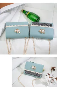Detailed view of a light blue mini crossbody bag featuring a pearl cat charm and chain
