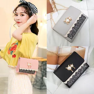 Women Mini Square Crossbody Bag Cat Pearl Buckle Chain Strap Scalloped Edge Sequined PU Leather Shoulder Phone Bag