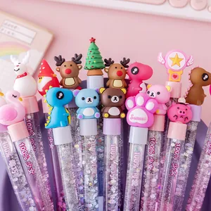 Colorful liquid glitter pens with cute cartoon toppers for students