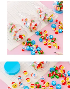 Detailed macro view of colorful Christmas tree shaped eraser set with festive patterns