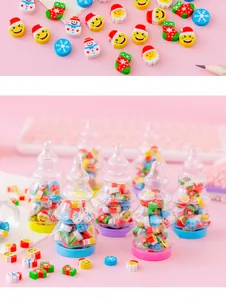 Creative Christmas tree erasers in bottles with cute emoji and festive patterns for kids.