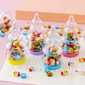 Cute Christmas tree shaped bottled erasers with colorful cartoon patterns for kids