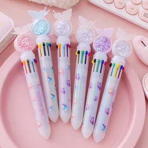 Cute 10-color retractable ballpoint pen with butterfly top and colorful sequins