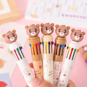 Cute cartoon bear 10-color retractable ballpoint pen set for creative journaling