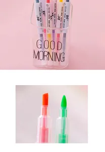 Detail of dual-tip highlighter pen nibs showing chisel and bullet points.