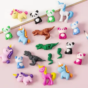 Cute cartoon animal erasers set with unicorn, panda, and dinosaur shapes for kids