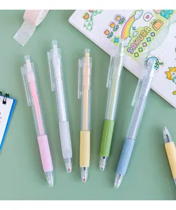 Detailed view of 0.5mm macaron color retractable gel pens on a green stationery mat
