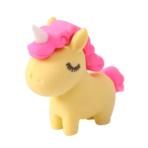 Cute yellow cartoon unicorn eraser for students with pink mane and white horn detailing