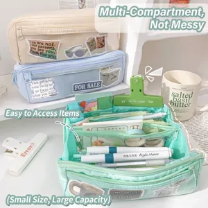 Detail view of the open mint green multi-layer pencil case with stationery inside