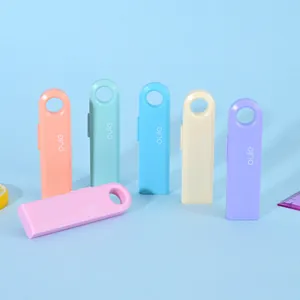 Colorful mini utility knives in six pastel colors on blue background
