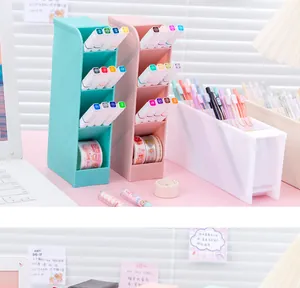 Slanted desktop organizers showing four-grid storage for pens and tapes.