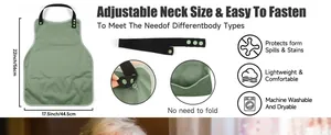 Detail of sage green adult bib showing dimensions, snap closure, and waterproof features