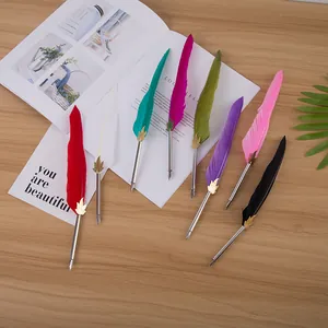 Vue détaillée de stylos à plumes colorés avec pointes métalliques sur fond de bois naturel