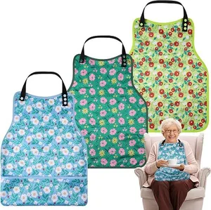 Set of three waterproof adult bibs for elderly with vibrant floral patterns and crumb catcher