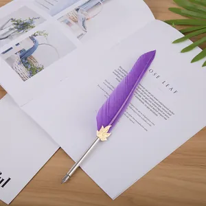 Gros plan détaillé d'un élégant stylo plume en plumes violettes sur un magazine blanc ouvert.