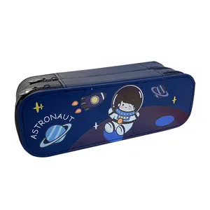 Estuche azul de doble capa grande con diseño de astronauta espacial lindo para estudiantes