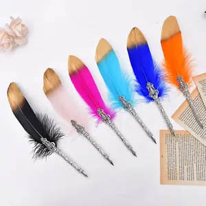 Vue détaillée de plumes d'oie vintage avec manches en argent et plumes colorées dorées.