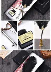 Detailansicht des luxuriösen Straußenfeder-Schreibsets mit Tinte im edlen Geschenkkarton.