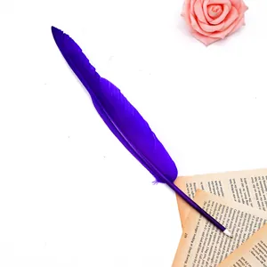 Detailed close-up of a vibrant purple feather ballpoint pen on vintage book paper