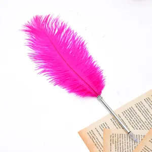 Nahaufnahme des pinkfarbenen Straußenfeder-Kugelschreibers auf Vintage-Papier