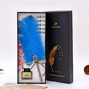 Vintage European Feather Dipping Pen Ink Bottle Case Metal Engraved Writing Fountain Pen Retro Office Business Christmas Gift