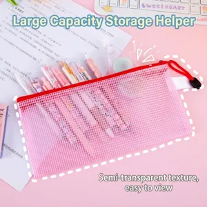 Pink mesh zipper pouch for stationery and office storage with translucent design