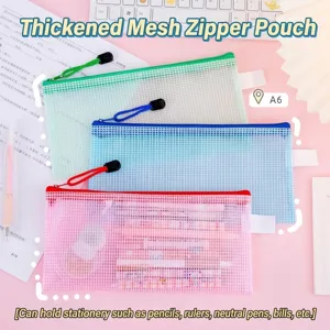 Set of three colorful A6 mesh zipper document pouches for student stationery storage