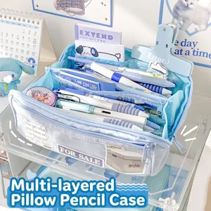 Large capacity light blue multi-layer pencil case for students and school stationery.