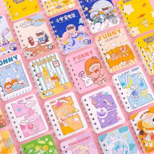 Collection of colorful cartoon spiral notebooks with cute astronaut and animal illustrations