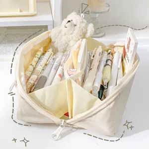 Large capacity cream multi-layer pencil case for students and office stationery storage