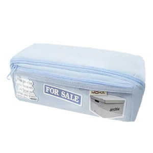 Large capacity multi-layer light blue pencil case with aesthetic patches for students