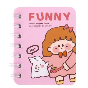 Cute pink A7 spiral notebook with cartoon girl and rabbit design for student gifts