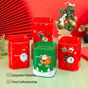 Hucha festiva de hojalata de Navidad con diseños de Papá Noel y renos de dibujos