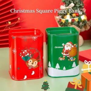 Huchas de Navidad cuadradas de hojalata rojas y verdes con Papá Noel y reno