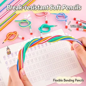 Colorful 30cm flexible soft pencils with erasers featuring bendable rainbow stripe design