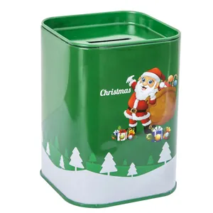 Hucha de Navidad rectangular de metal verde para niños con diseño de Papá Noel