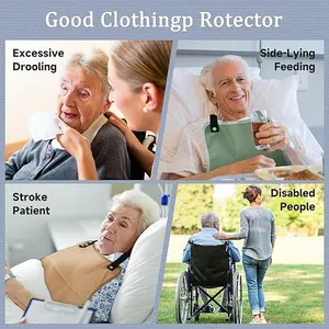 Adult waterproof bibs for elderly care shown in multiple daily caregiving scenarios