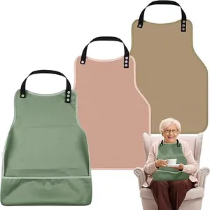 Waterproof adult bibs for elderly shown in green, pink, and beige with usage context.