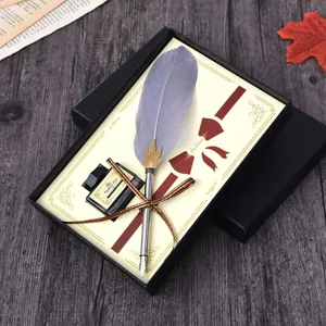 Retro grey goose feather quill dip pen set with black ink in an elegant gift box