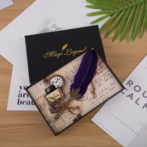 Coffret cadeau stylo plume rétro européen avec encre et montre à gousset, boîte noire.