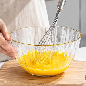 Grand bol à mélanger en verre texturé avec bord doré pour salades et pâtisserie