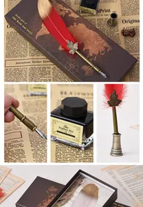 Antikes Federkiel-Geschenkset mit Tinte und Details aus Messing antik in Rot