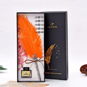 Vintage orange feather dip pen set with replacement nibs and ink in a black gift box